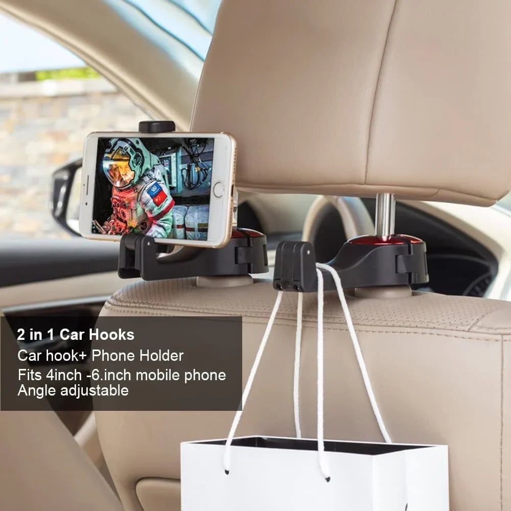 1+1 GRATIS | Praktischer 2-in-1-Autokopfstützenhaken – für Taschen, Einkäufe und als Smartphone-Halter Zorenza
