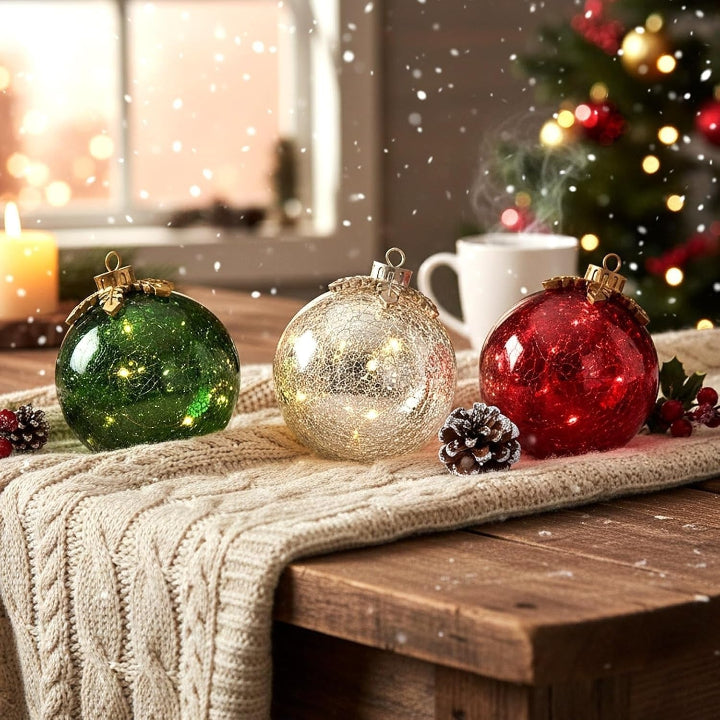 Glas-Tischornamente Weihnachten | 3er Set mit warmweißem LED-Licht Zorenza