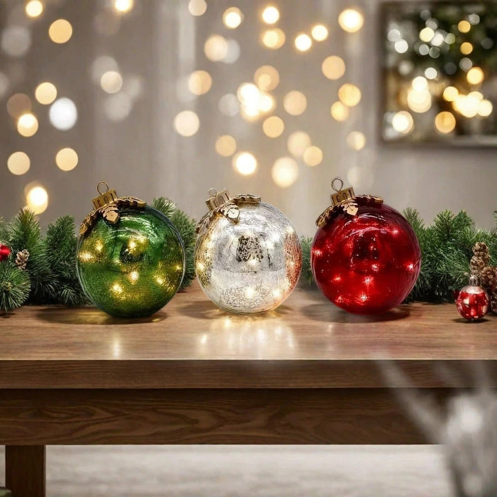 Glas-Tischornamente Weihnachten | 3er Set mit warmweißem LED-Licht Zorenza