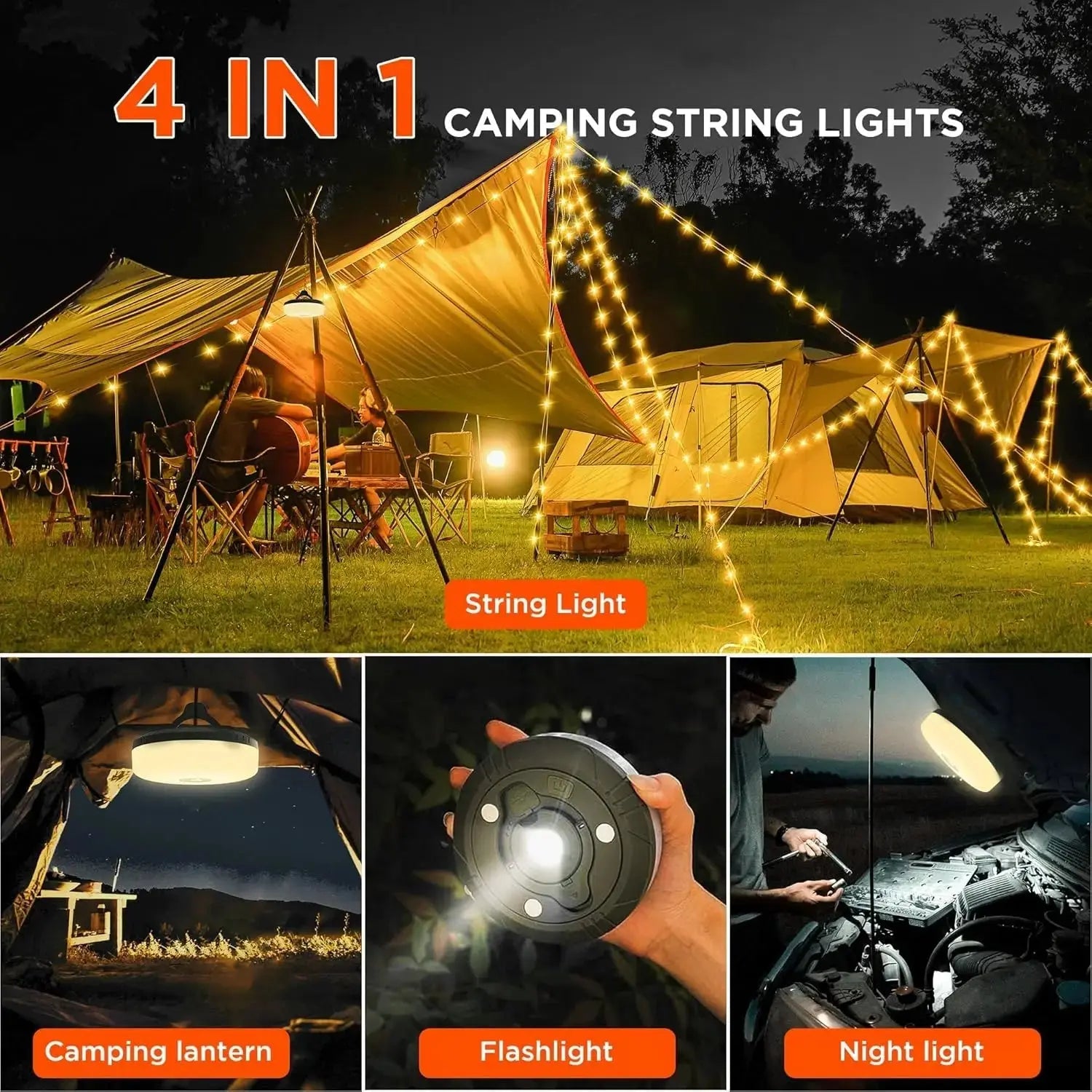 4-in-1 Camping-Lampe mit RGB-Lichterkette & Powerbank Zorenza