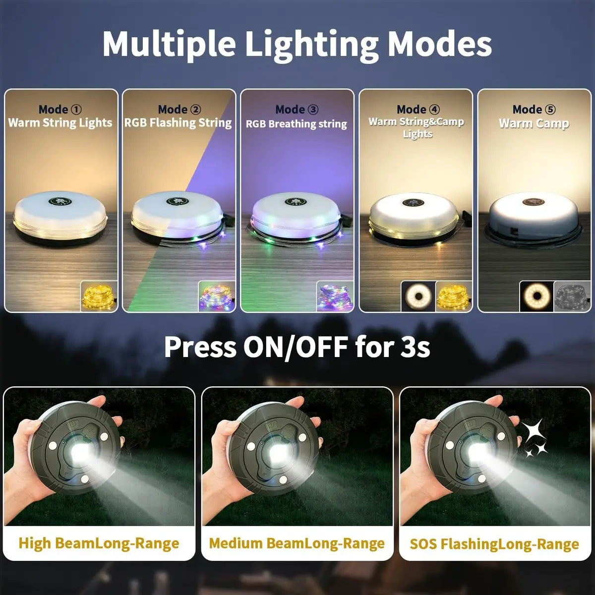 4-in-1 Campinglicht mit RGB-Lichterkette & Powerbank Zorenza