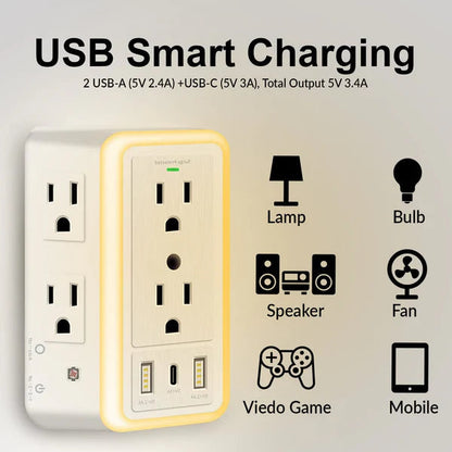 Steckdosenleiste | 6 Steckdosen & USB-Ports mit Nachtlicht Zorenza