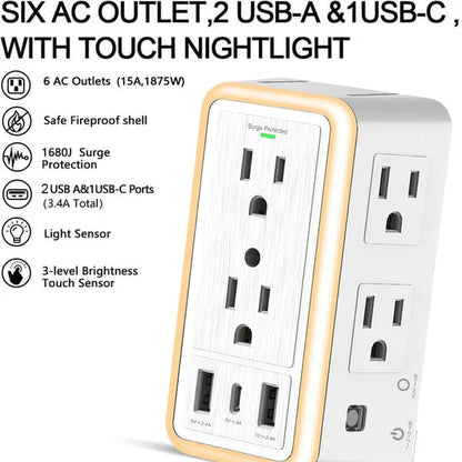 Steckdosenleiste | 6 Steckdosen & USB-Ports mit Nachtlicht Zorenza