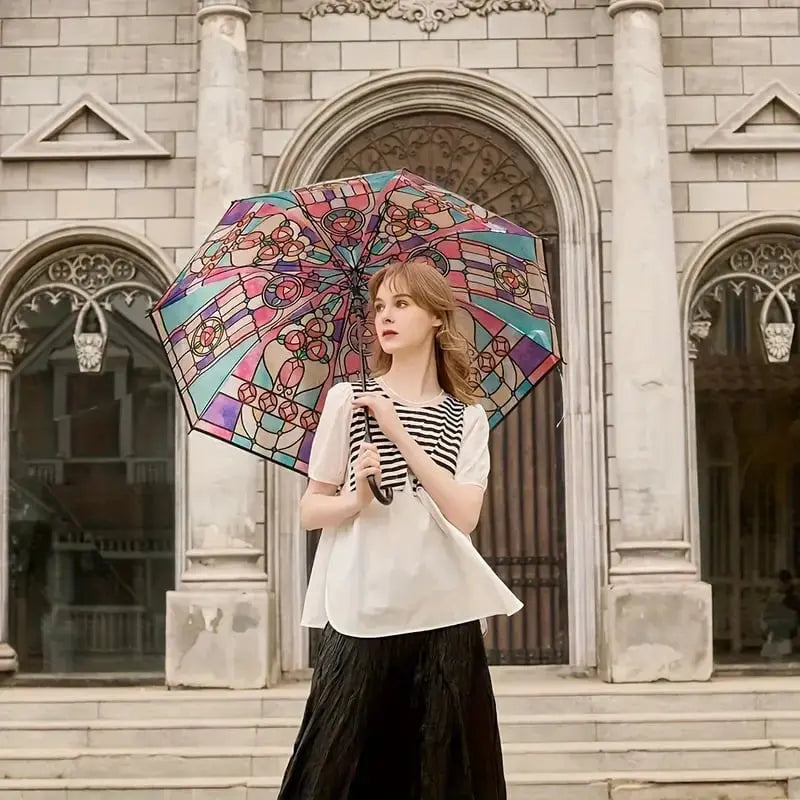 Automatischer Regenschirm – Vintage-Design mit Buntglas und Windschutz Zorenza