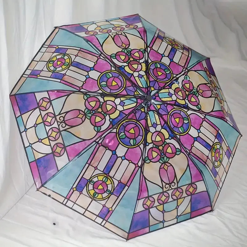 Automatischer Regenschirm – Vintage-Design mit Buntglas und Windschutz Zorenza