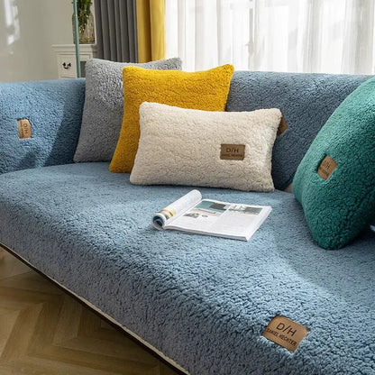 Modern Solid Color Winter Lamb Wool Sofa Towel Thicken Plush Soft and Smooth Sofa Covers for Living Room Anti-slip Couch Cover - Lozenza