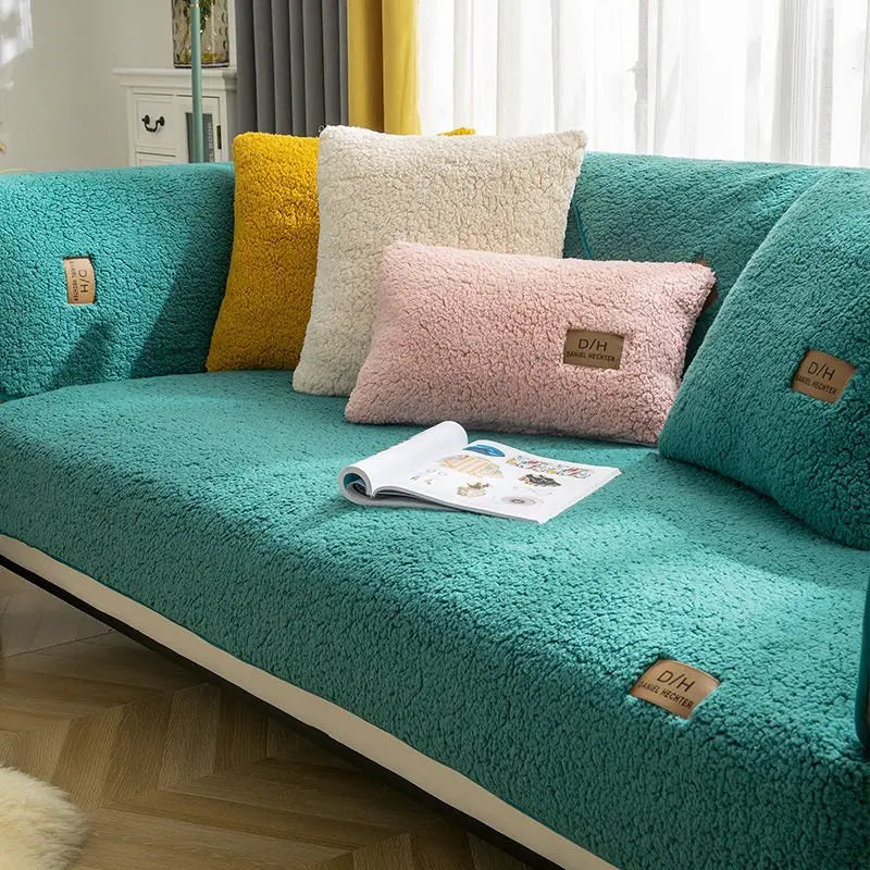 Modern Solid Color Winter Lamb Wool Sofa Towel Thicken Plush Soft and Smooth Sofa Covers for Living Room Anti-slip Couch Cover - Lozenza