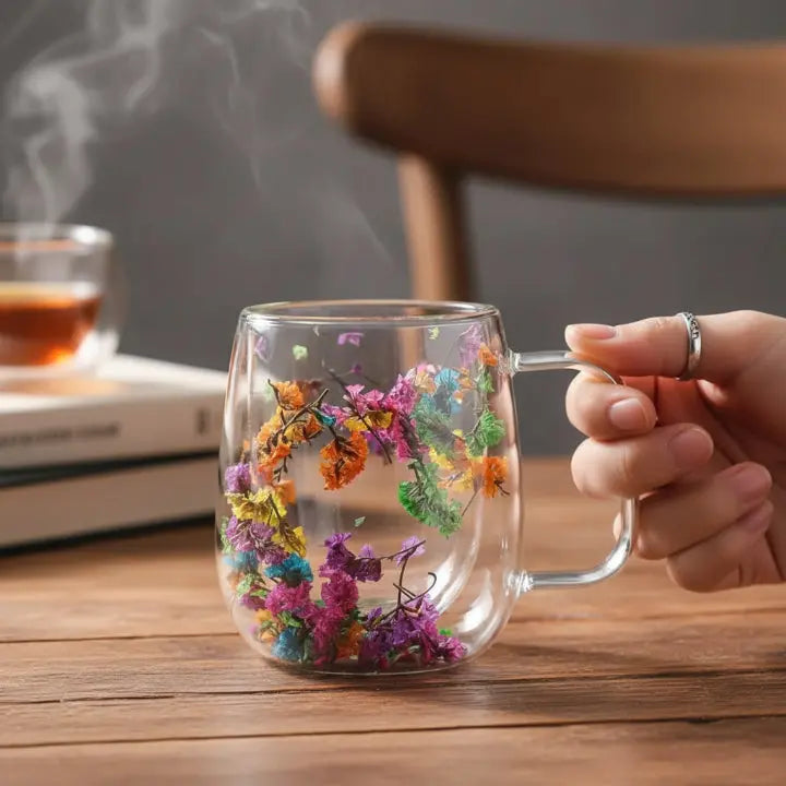 Doppelwandige Glastasse mit Blumenmotiv Zorenza