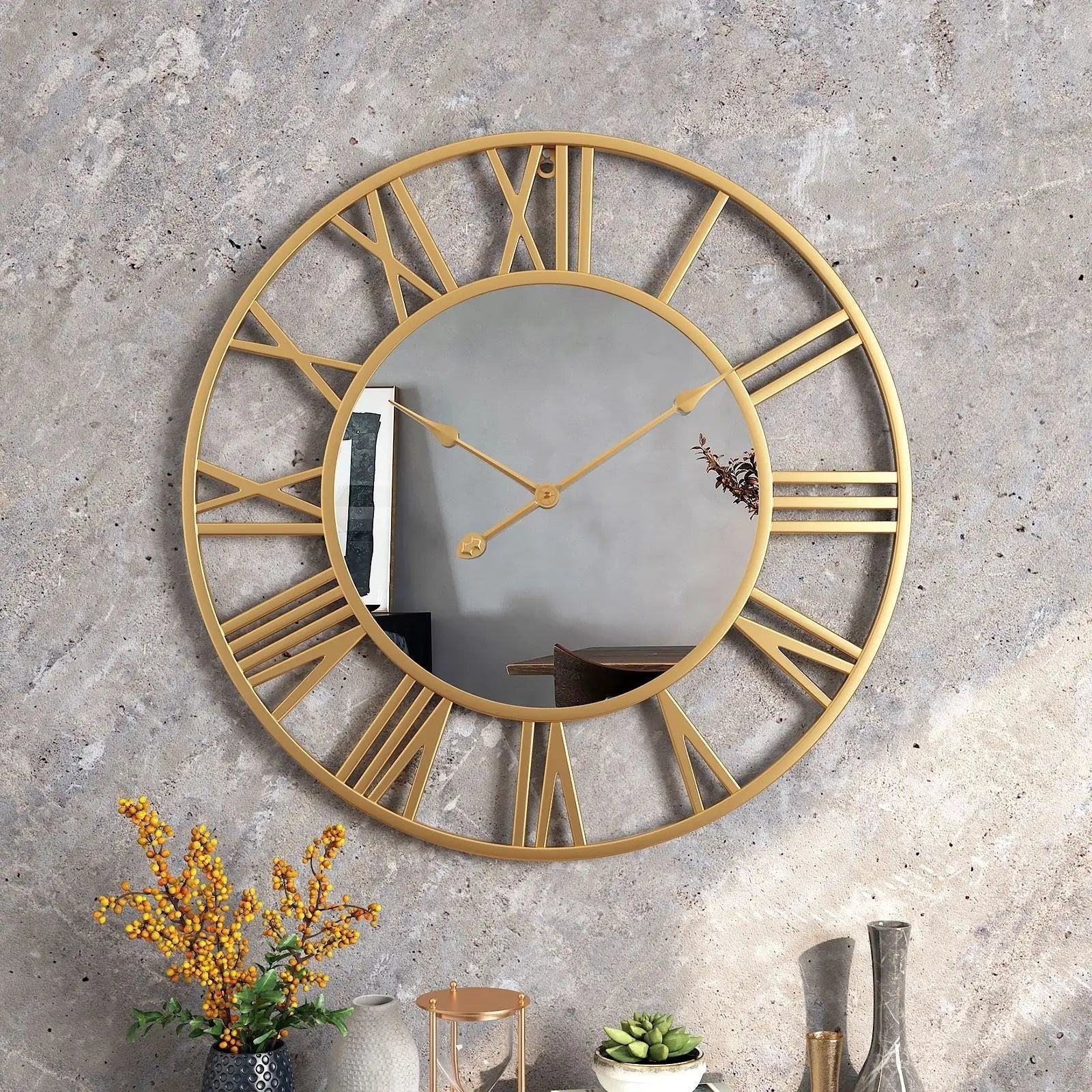 Große Vintage-Wanduhr aus Metall mit Spiegelelementen (39 cm)