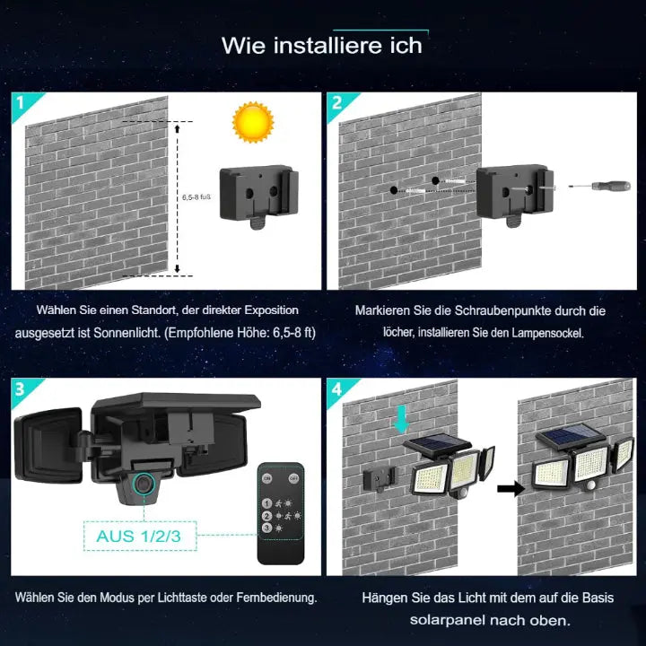 Solar-Außenlampe mit 3 verstellbaren LED-Paneelen und Bewegungssensor Zorenza