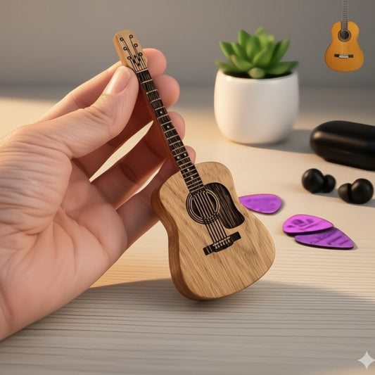 Handgefertigte Gitarrenpick-Box aus Holz mit Displayständer Zorenza