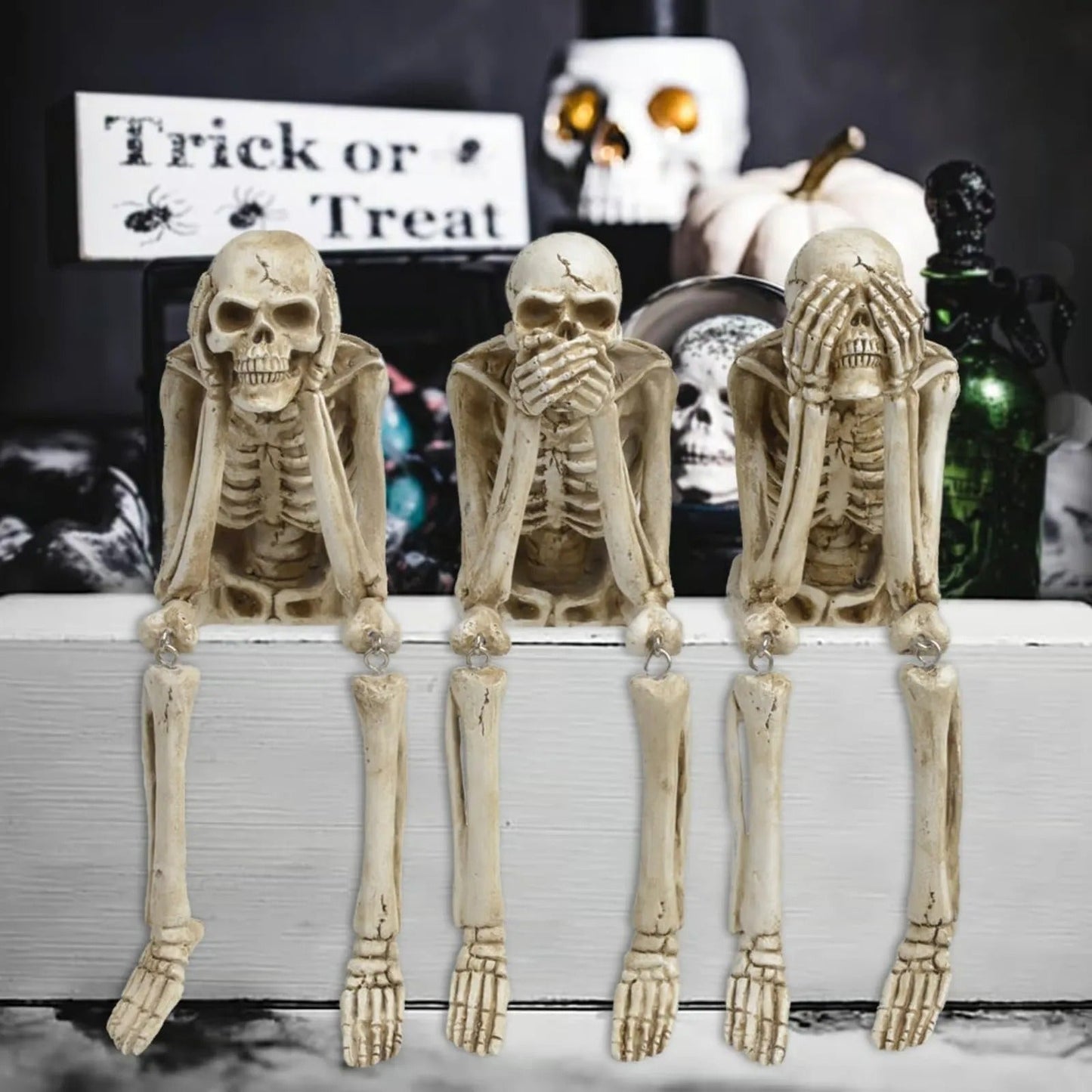 Drei weise Skelette — Kamin-Deko für Halloween Zorenza
