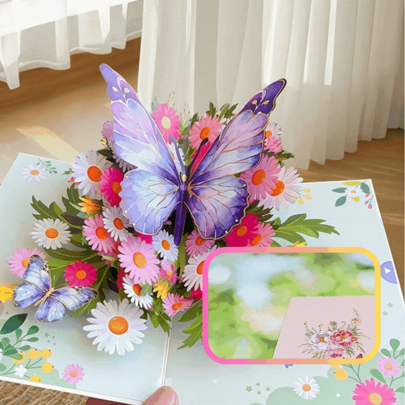 3D-Popup-Grußkarte – Schmetterlinge & Gänseblümchen Zorenza