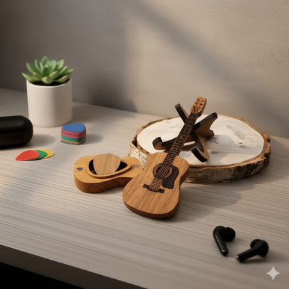 Handgefertigte Gitarrenpick-Box aus Holz mit Displayständer Zorenza