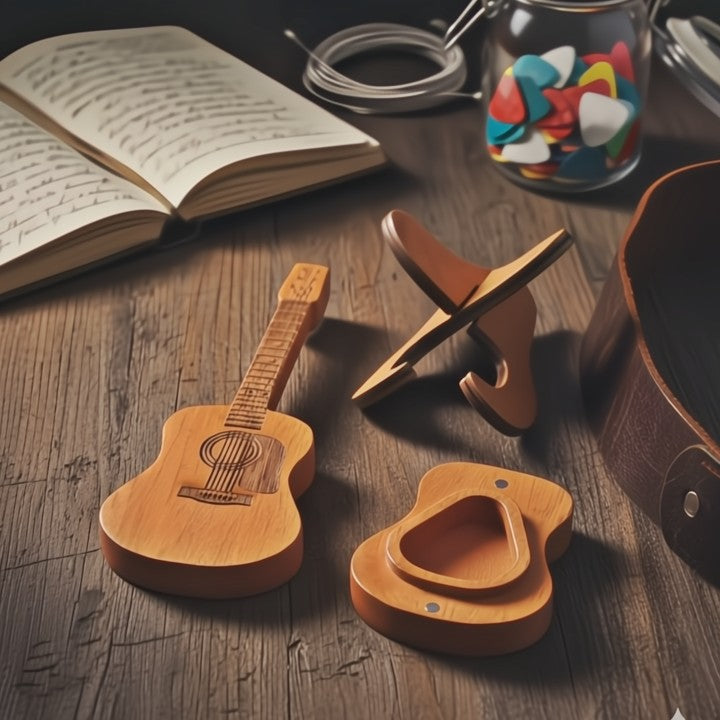 Handgefertigte Gitarrenpick-Box aus Holz mit Displayständer Zorenza